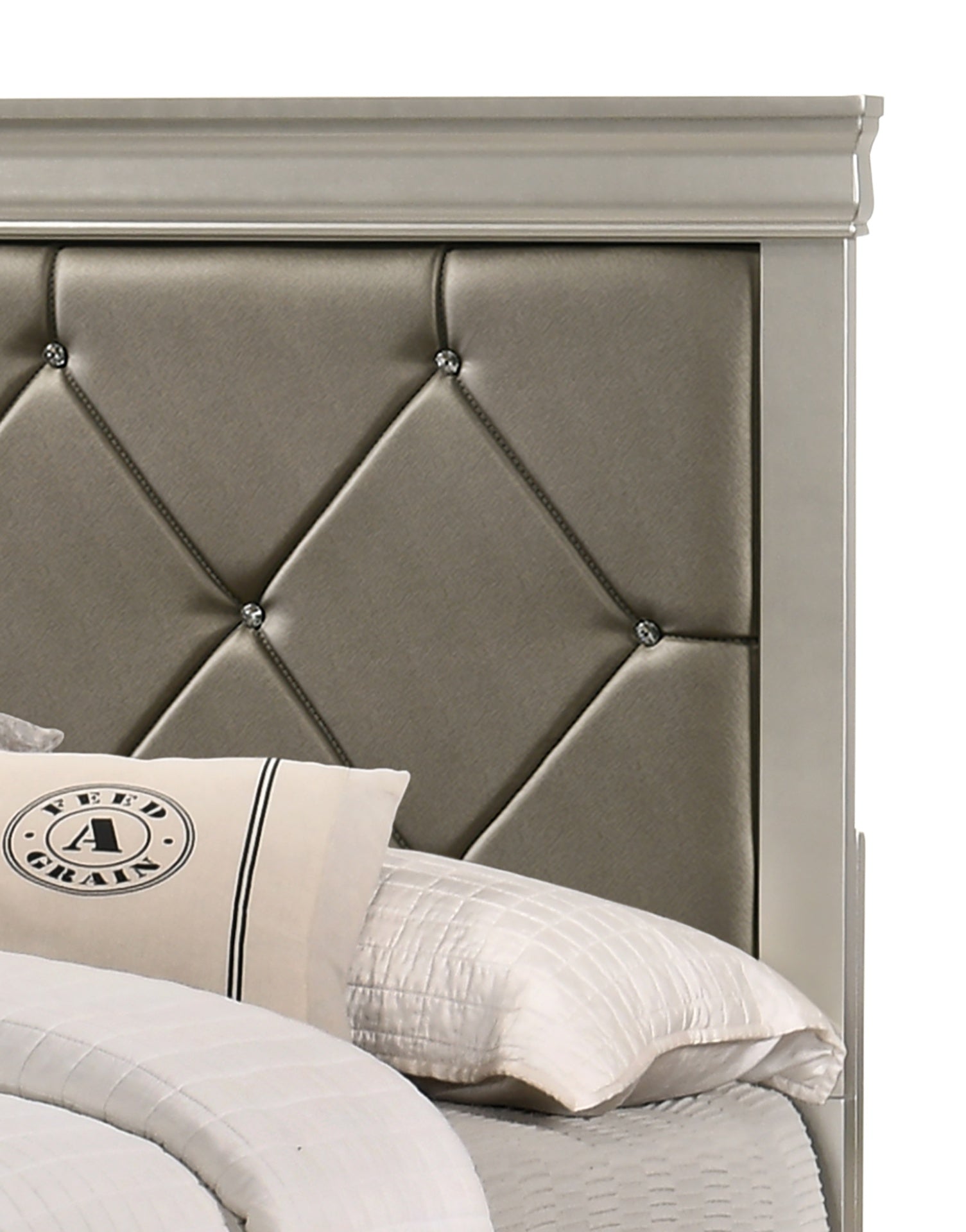 Modern 1pc Beige Champagne Finish King Size Panel Bed Wooden Crocodile Texture PU Upholstered Headboard Crystal-Like Button Tufted Fabric Bedroom Furniture