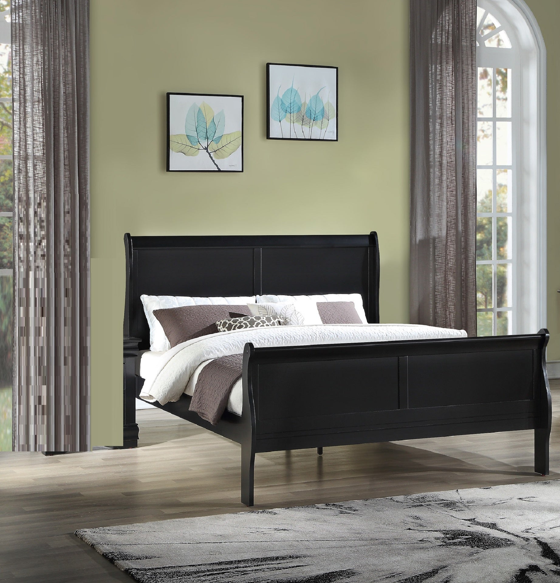 Louis Phillipe Brown Black Finish Full Size Panel Sleigh Bed Solid Wood Wooden Bedroom Furniture