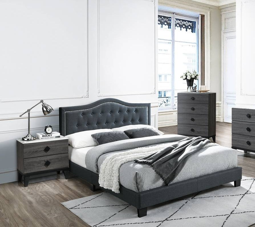 European Design 1pc Queen Bed Button Tufted Headboard Charcoal Finish Bedroom Furnish