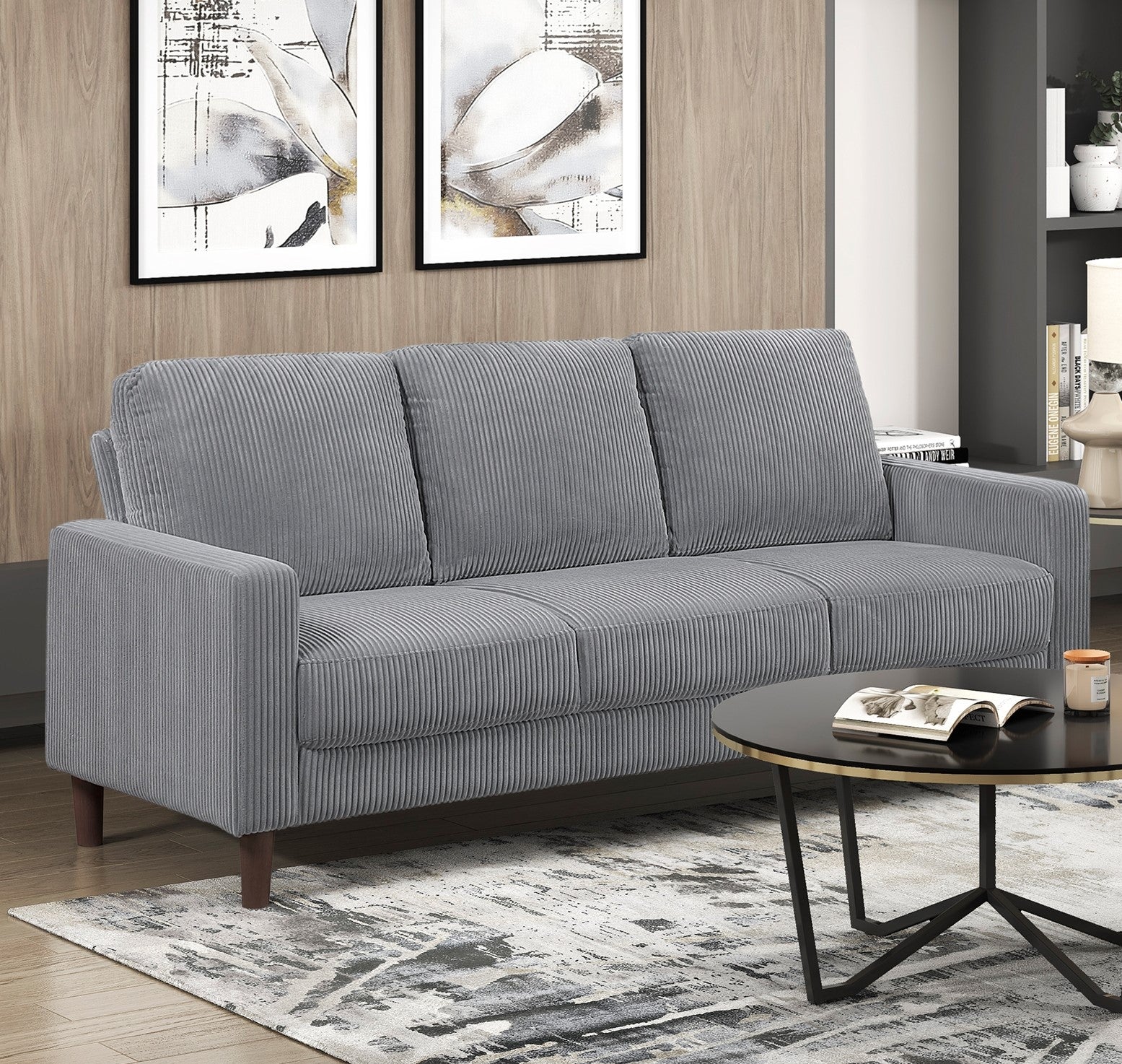 Modern Contemporary Gray Corduroy Upholstered Sofa Comfortable Cushion Solid Wood Living Room Furniture 1pc