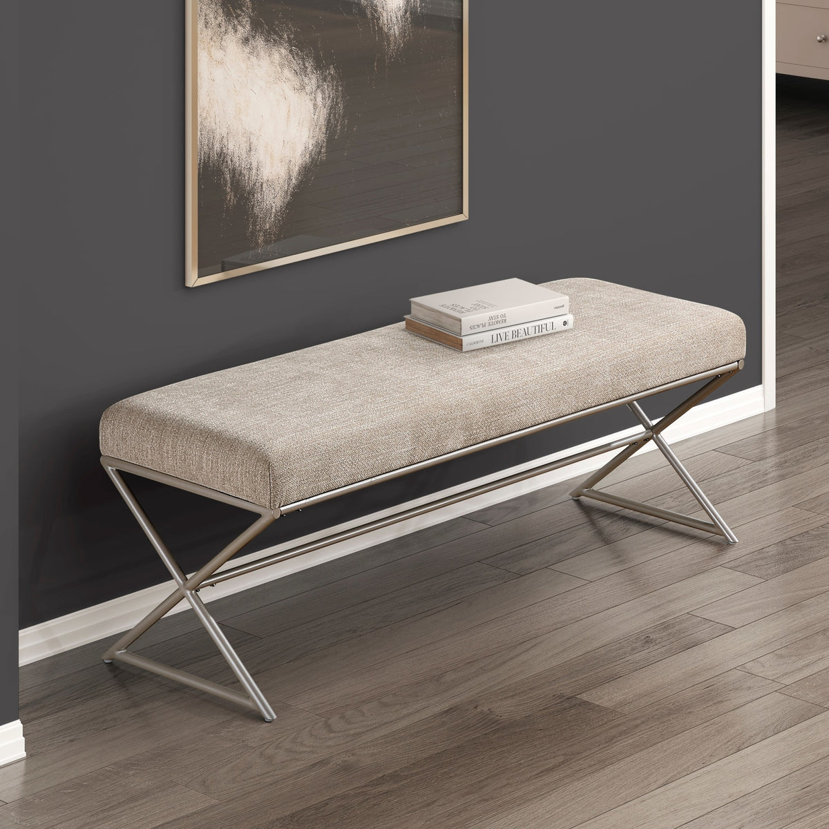 Contemporary Upholstered Bench Taupe Chenille Seat Plush Comfort Home Furniture 1pc Entryway Bench Metal Frame Champagne Finish