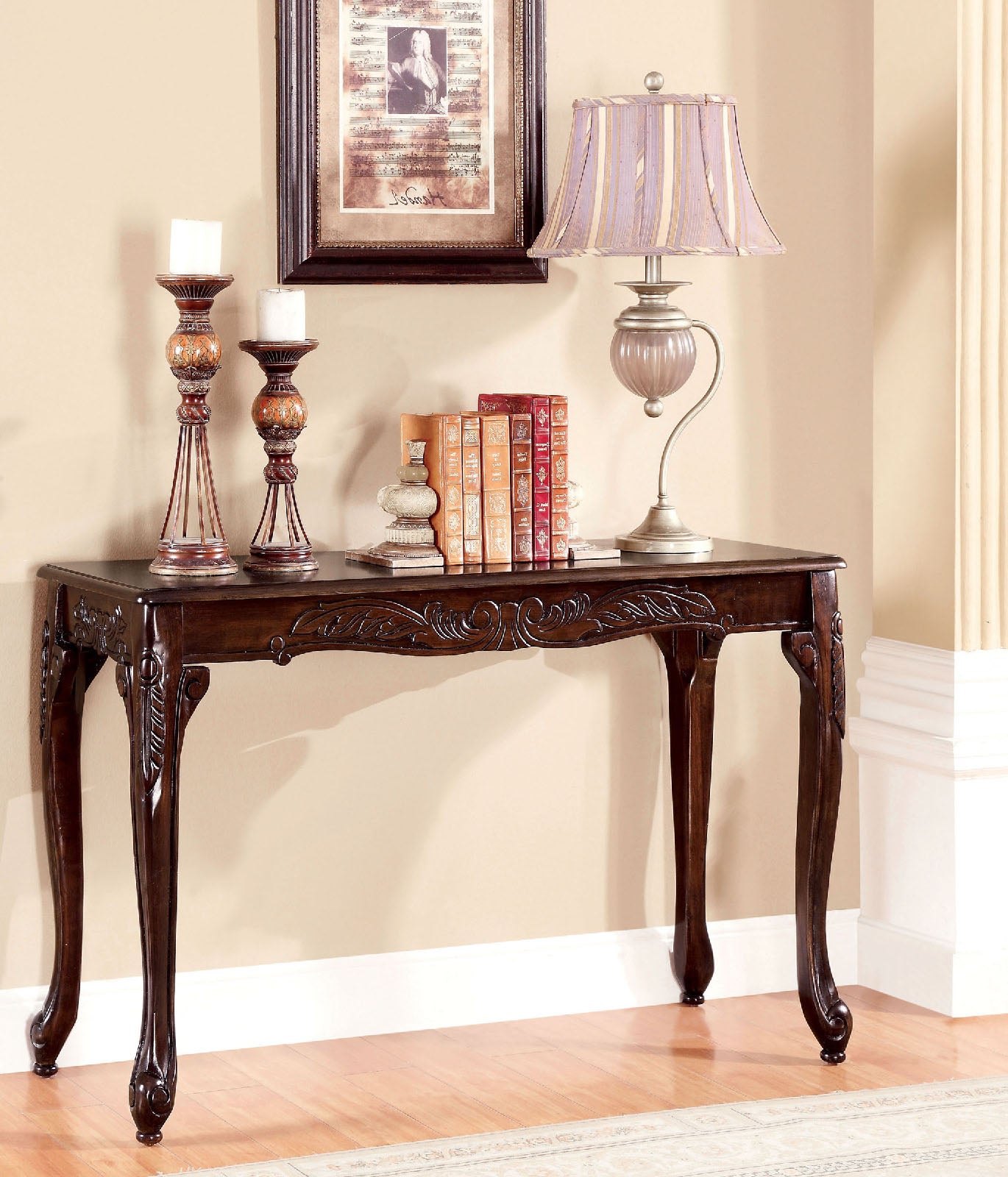 Transitional Style 1pc Sofa Table With Cabriole Legs Intricate Design Cherry Finish