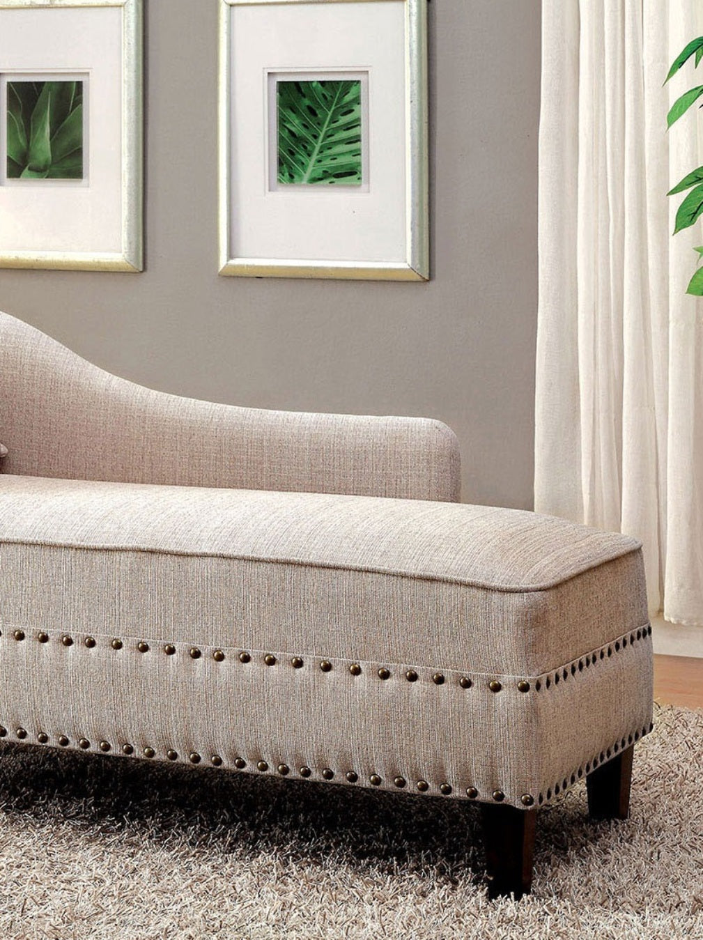 Beige Fabric Chaise / Bench Nailhead Trims Pillow Plush Comfort 1pc Chaise Living Room Furniture