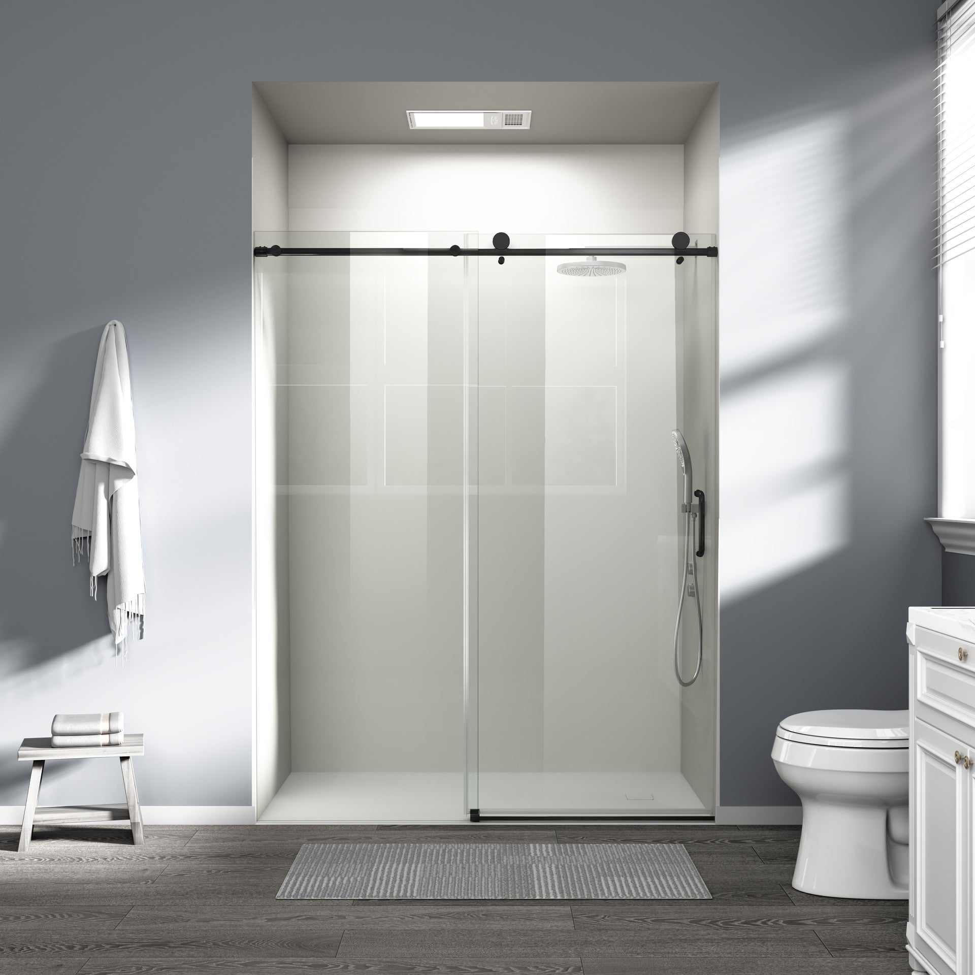 56" - 60" W x 76" H Single Sliding Shower Door, Frameless Bathroom Sliding Door with 1/4" (6mm) Tempered Glass for Walk-in Shower, Matte Black CM-25D06-60MBX
