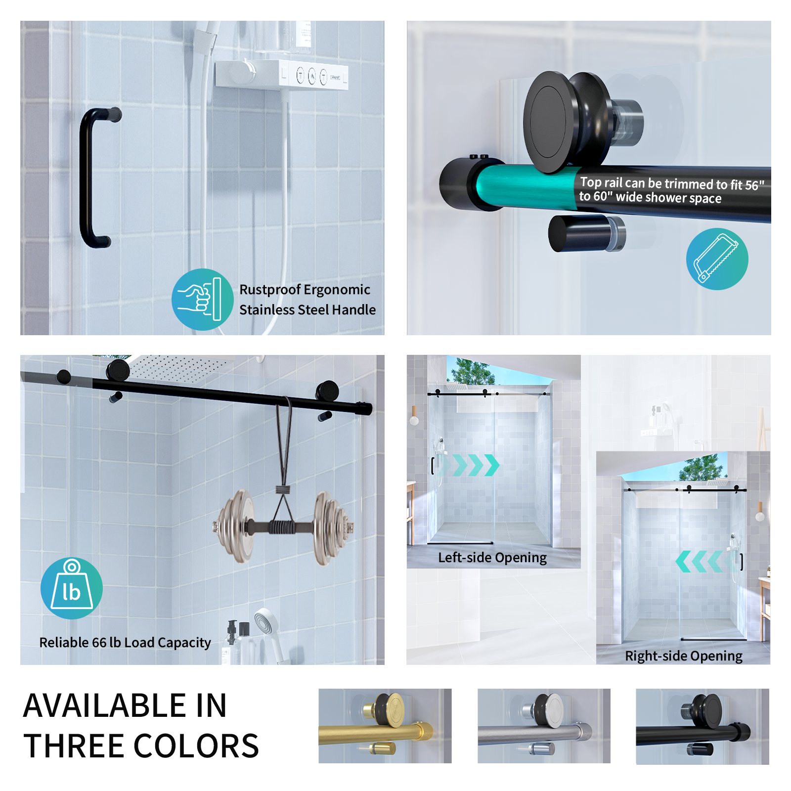 56" - 60" W x 76" H Single Sliding Shower Door, Frameless Bathroom Sliding Door with 1/4" (6mm) Tempered Glass for Walk-in Shower, Matte Black CM-25D06-60MBX