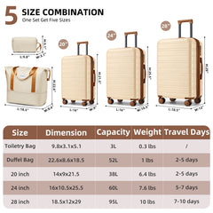 Luggage Sets 5 Piece with Duffel Bags, Hardside Expandable Suitcases with Spinner Wheels, Cream