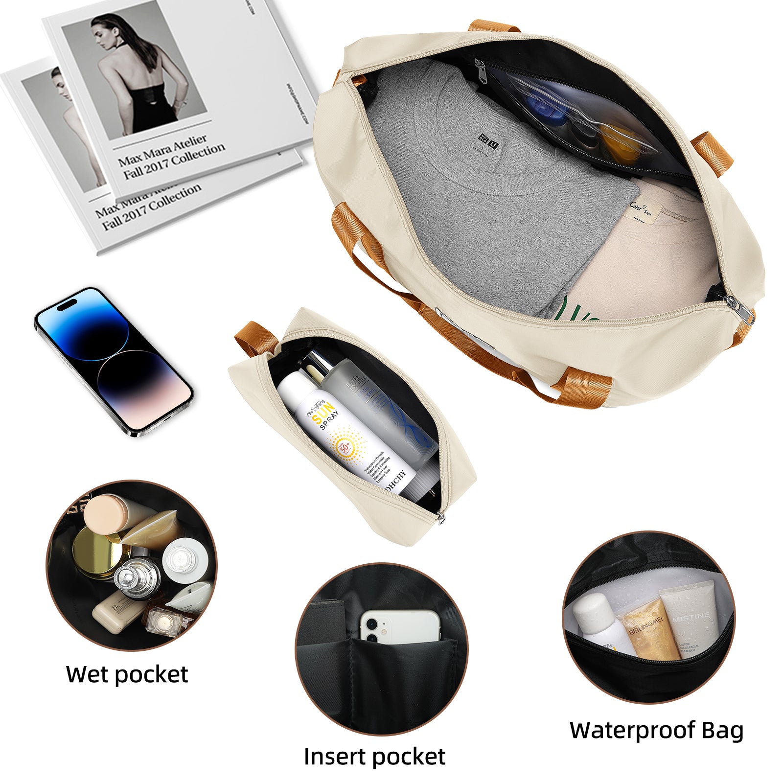 Luggage Sets 5 Piece with Duffel Bags, Hardside Expandable Suitcases with Spinner Wheels, Cream