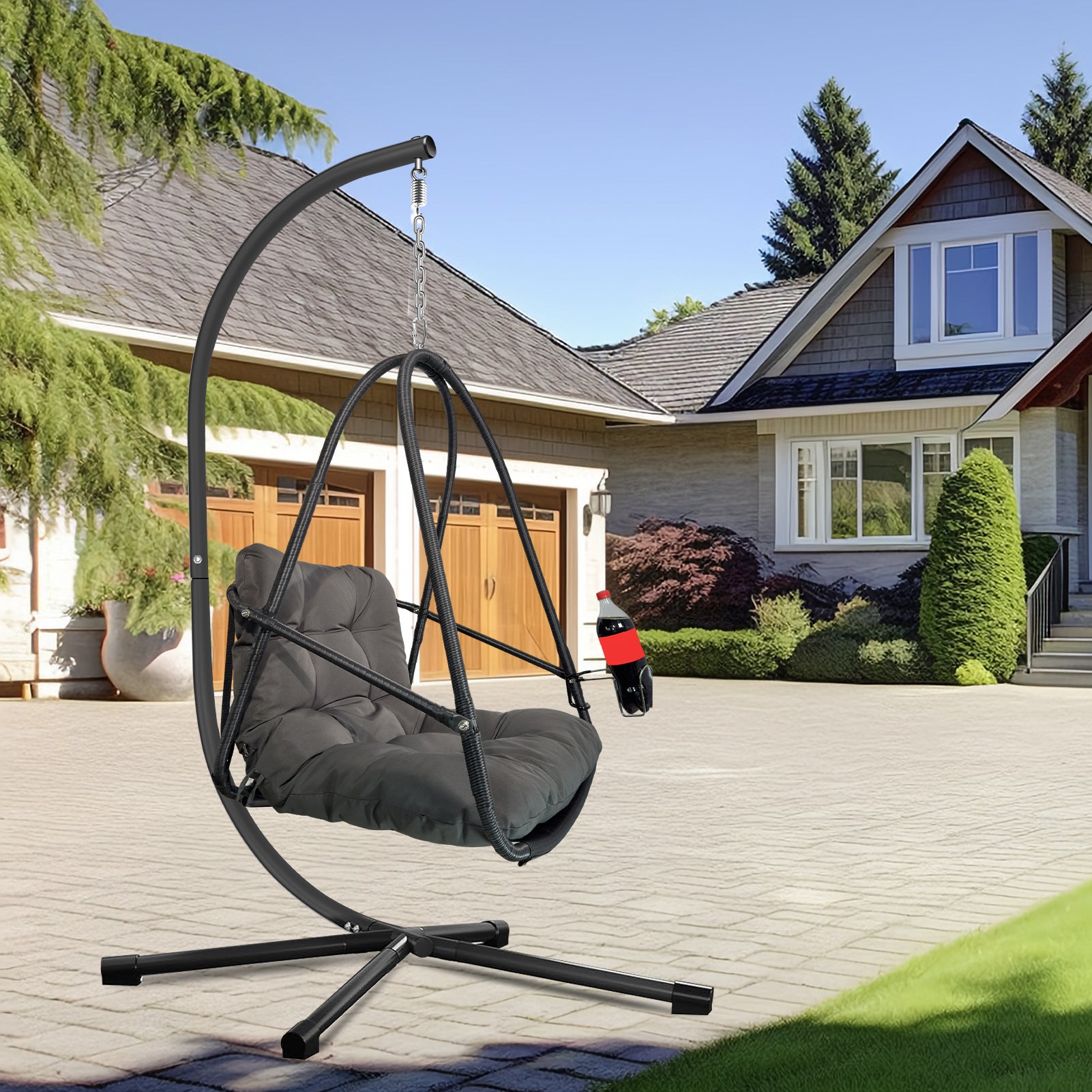 Swing Egg Chair with Stand Indoor Outdoor Wicker Rattan Patio Basket Hanging Chair with C Type bracket , with cushion and pillow,Patio Wicker folding Hanging Chair( Special construction cup holder