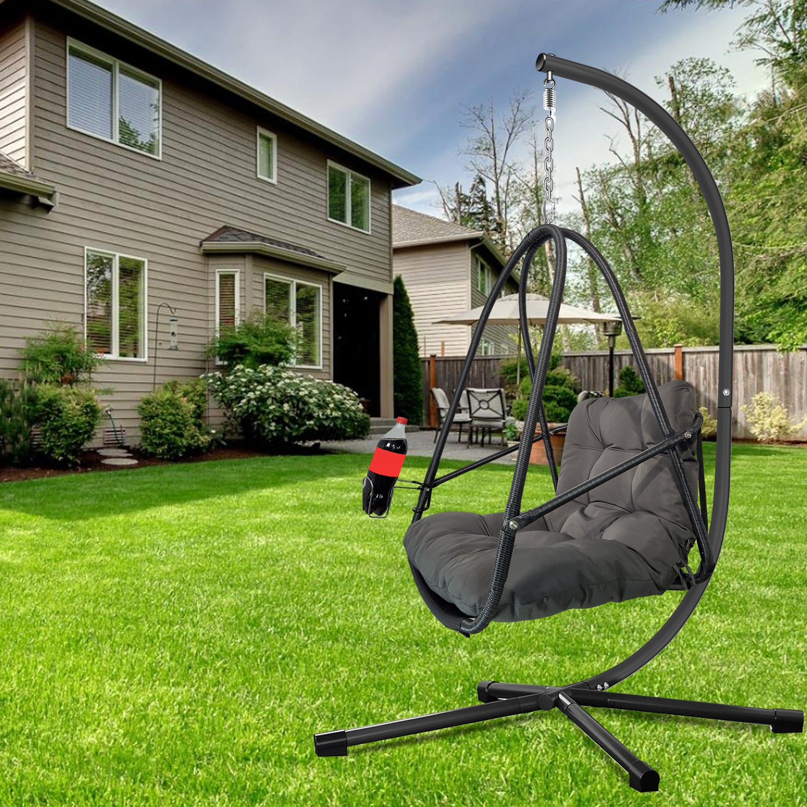 Swing Egg Chair with Stand Indoor Outdoor Wicker Rattan Patio Basket Hanging Chair with C Type bracket , with cushion and pillow,Patio Wicker folding Hanging Chair( Special construction cup holder