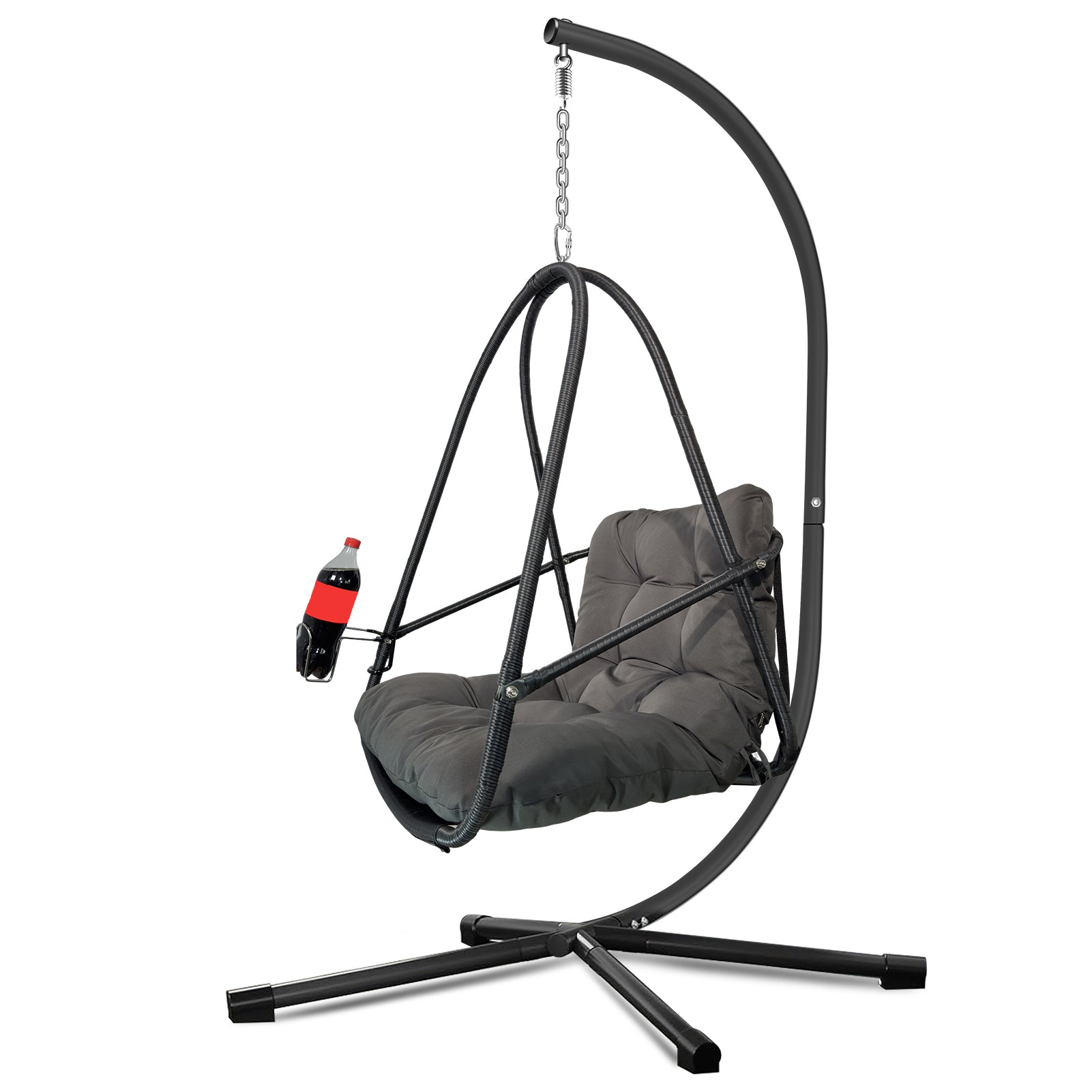 Swing Egg Chair with Stand Indoor Outdoor Wicker Rattan Patio Basket Hanging Chair with C Type bracket , with cushion and pillow,Patio Wicker folding Hanging Chair( Special construction cup holder