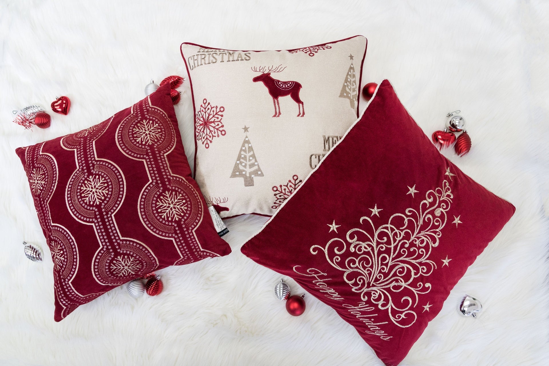 Happy Holidays Embroidered Velvet Throw Pillow – 20x20" Red Christmas Accent Cushion with Gold Detailing