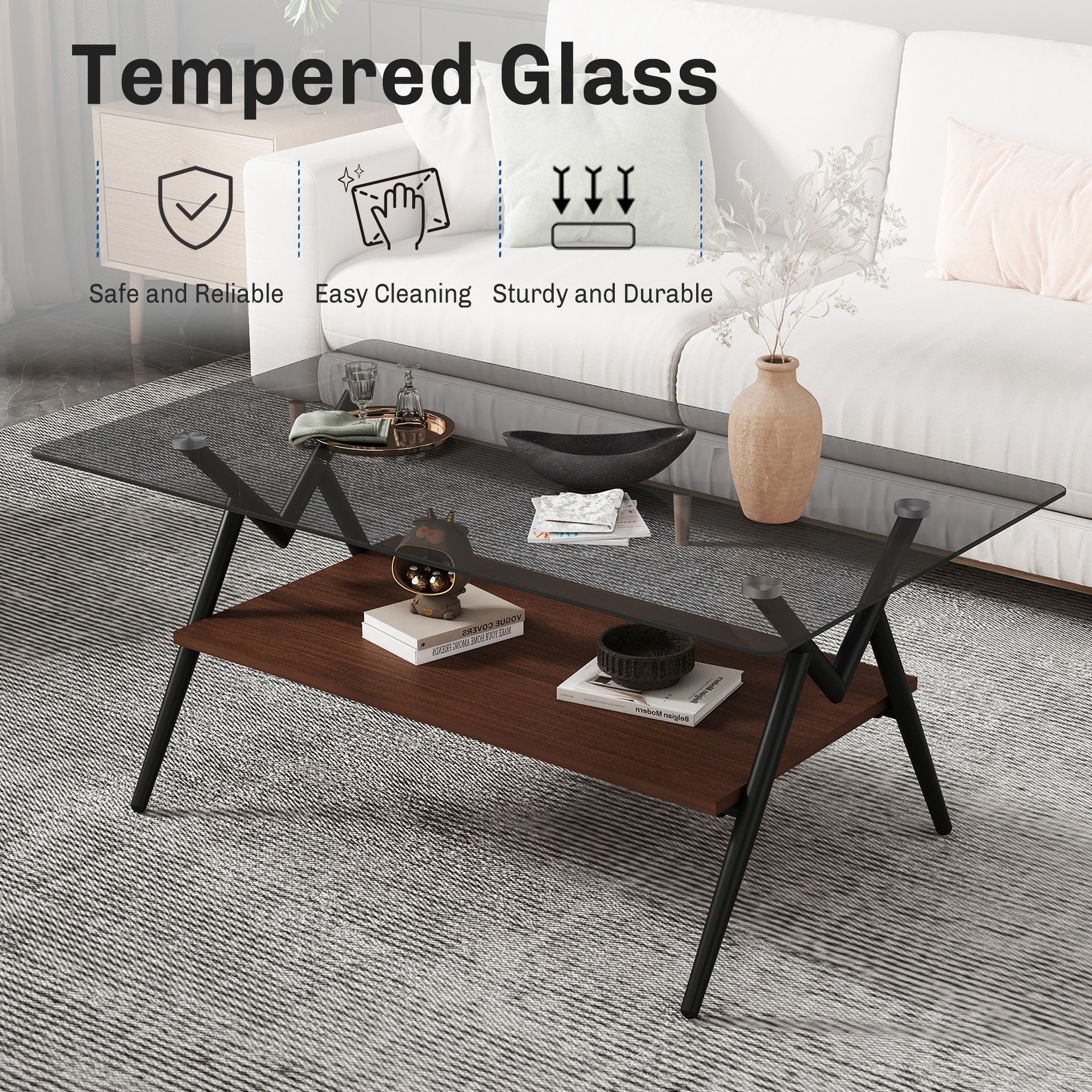 Coffee Table and End tables Set of 3, Tempered Glass Table with MDF layer, Modern Tables for Living Room , Gray Glass
