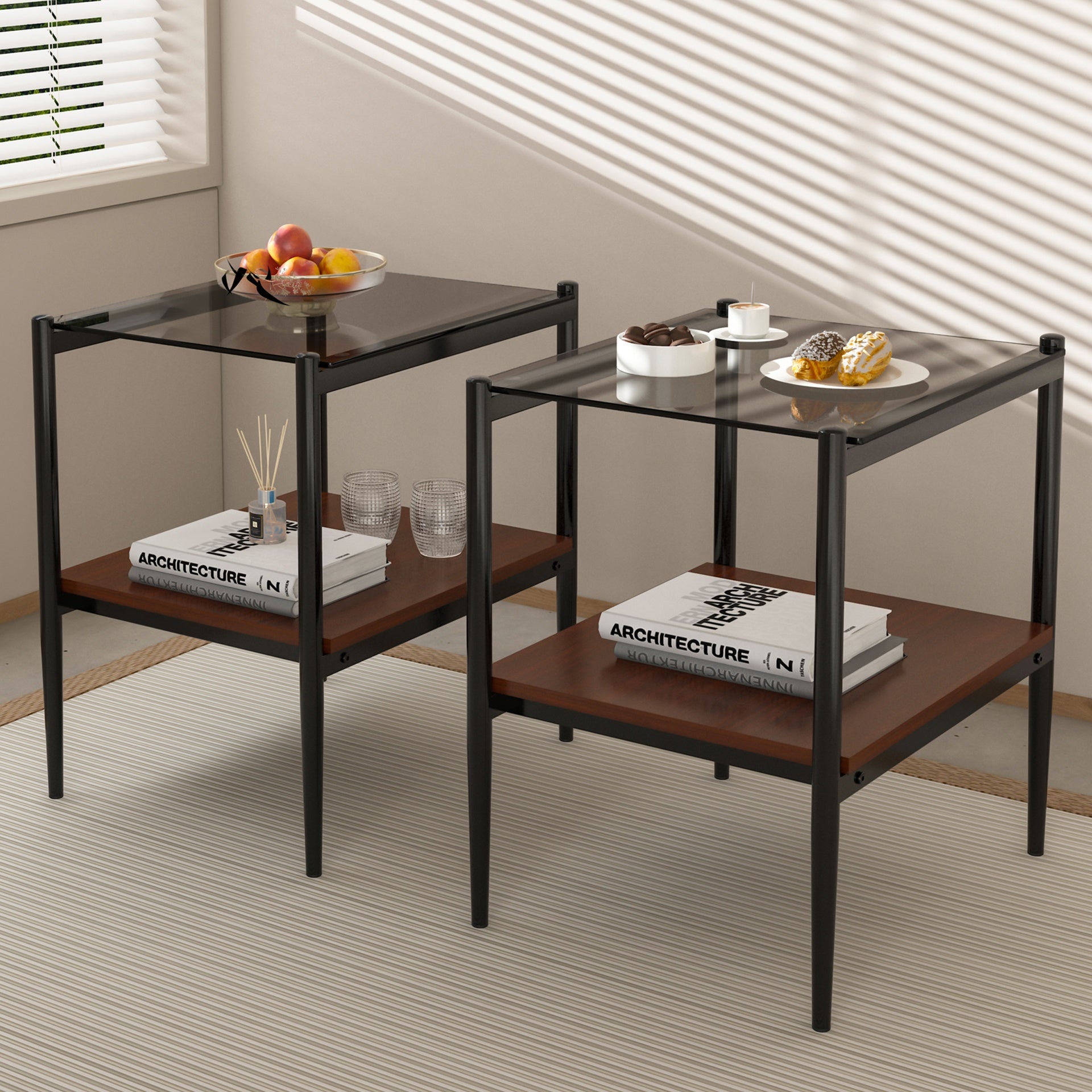 Set of 2 Rectangle End Table, Tempered Glass Tabletop with MDF layer, Modern Table for Living Room , Gray Glass