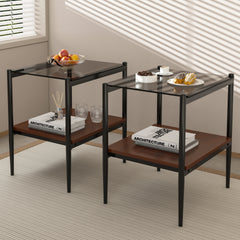 Set of 2 Rectangle End Table, Tempered Glass Tabletop with MDF layer, Modern Table for Living Room , Gray Glass