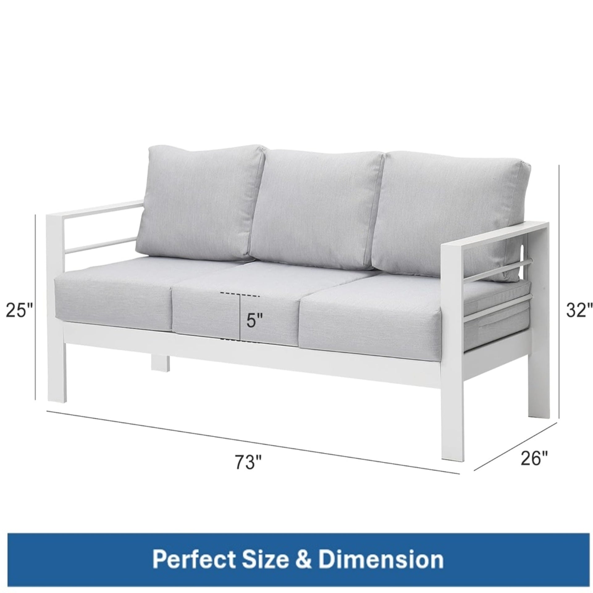 73" All-Weather Aluminum Patio Sofa, 3 Seat Outdoor Couch with Thick Light Gray Cushions & White Frame