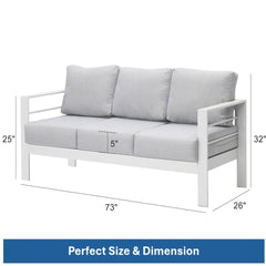 73" All-Weather Aluminum Patio Sofa, 3 Seat Outdoor Couch with Thick Light Gray Cushions & White Frame