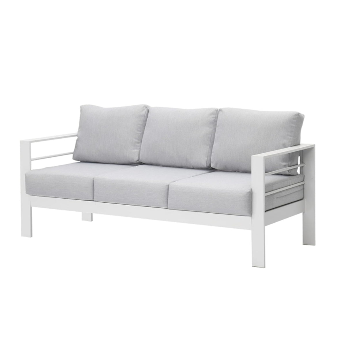 73" All-Weather Aluminum Patio Sofa, 3 Seat Outdoor Couch with Thick Light Gray Cushions & White Frame