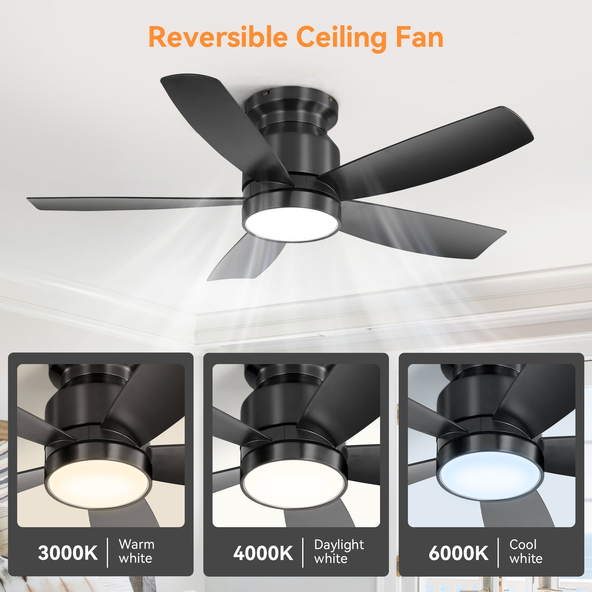 42 Inch Flush Mount Ceiling Fans with LED Light 22W and Remote Control 5 ABS Fan Blades for Bedroom