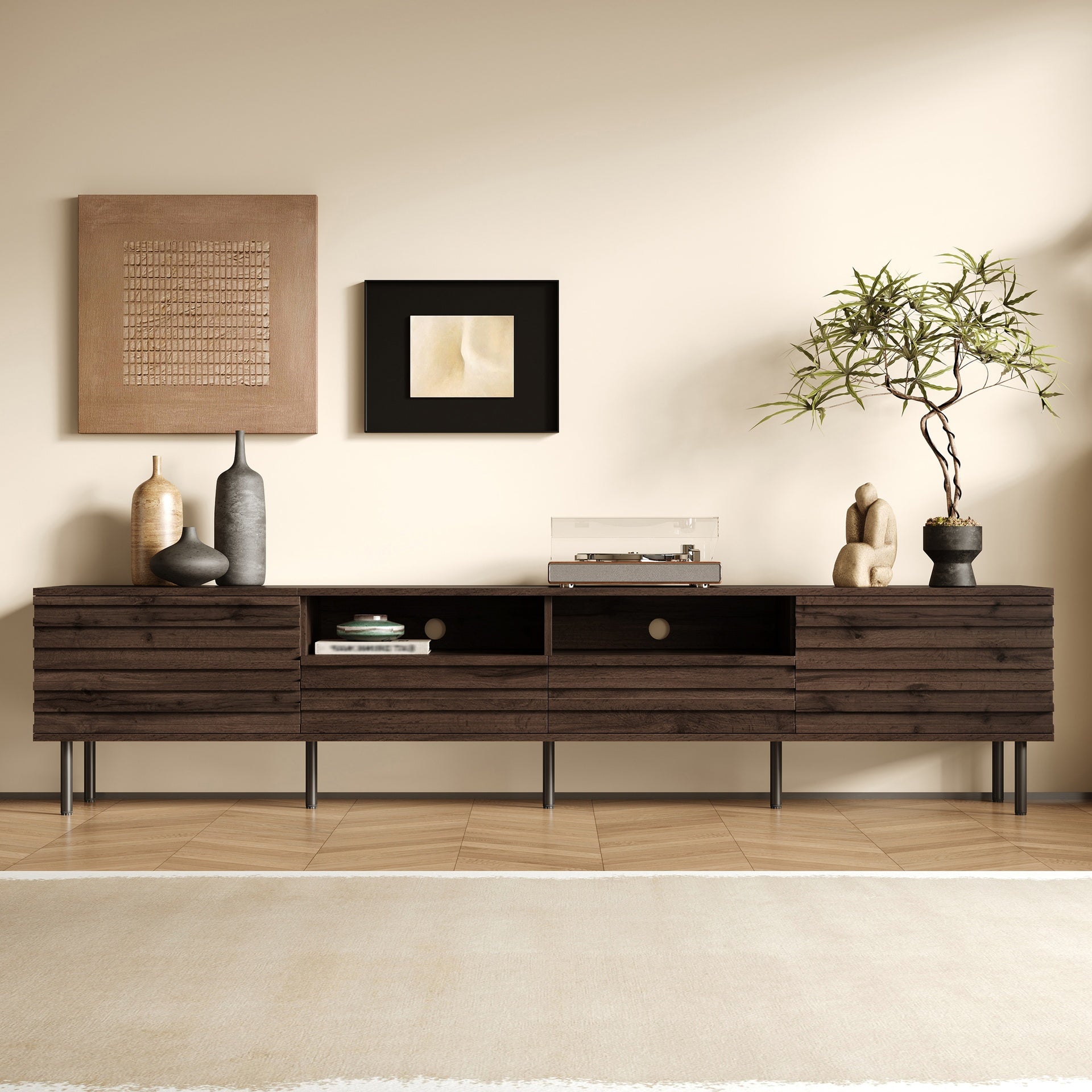 78 inch Modern TV Stand for TVs up to 85", Entertainment Center with Closed Storage & Cable Management, Soft-Closing Hinges, Iron Legs for Living Room