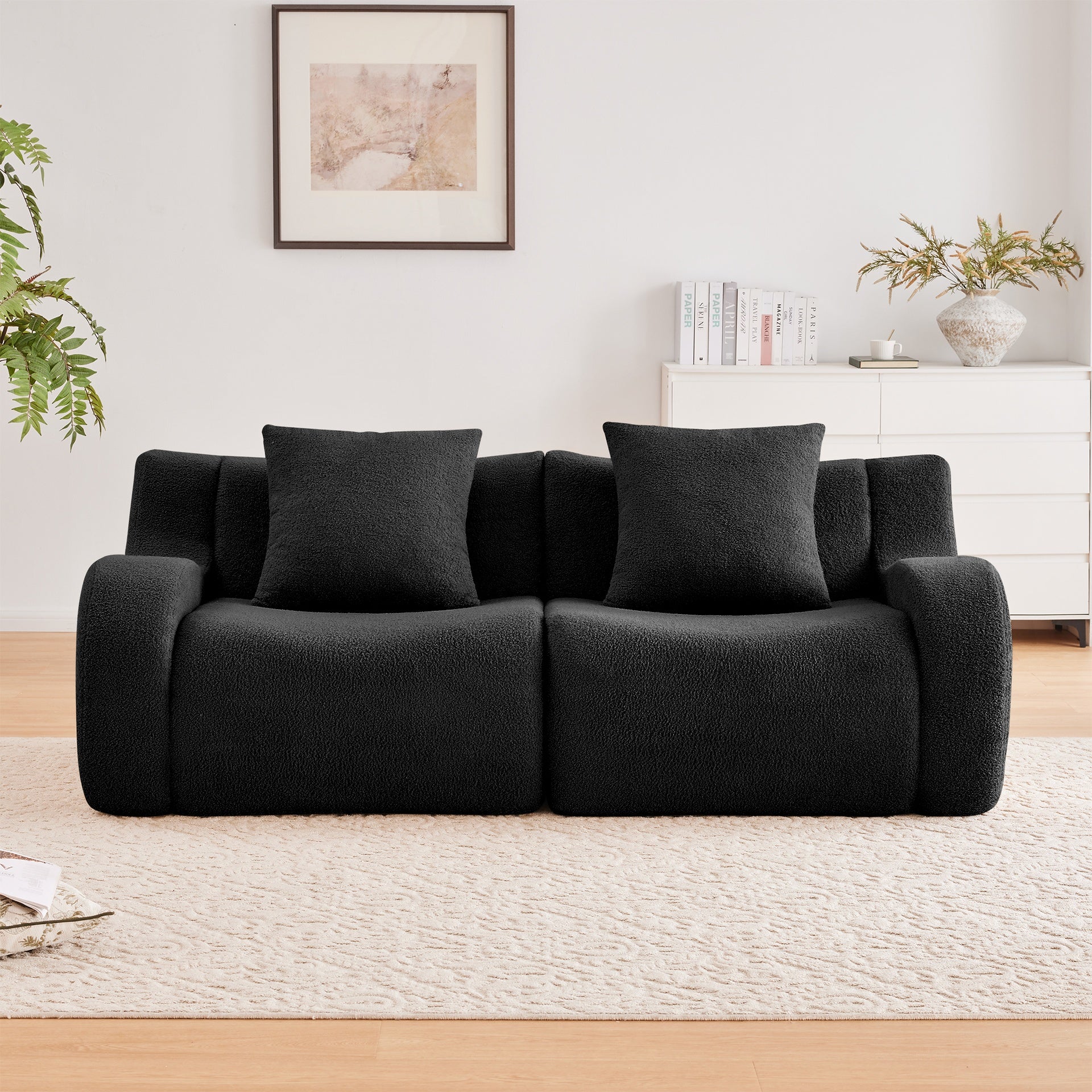 Soft Teddy Fabric Boneless Sofa,No Assembly Required Streamlined Design,Anti-Slip Design 32D High Density Sponge Fits Living Rooms Bedrooms,Black