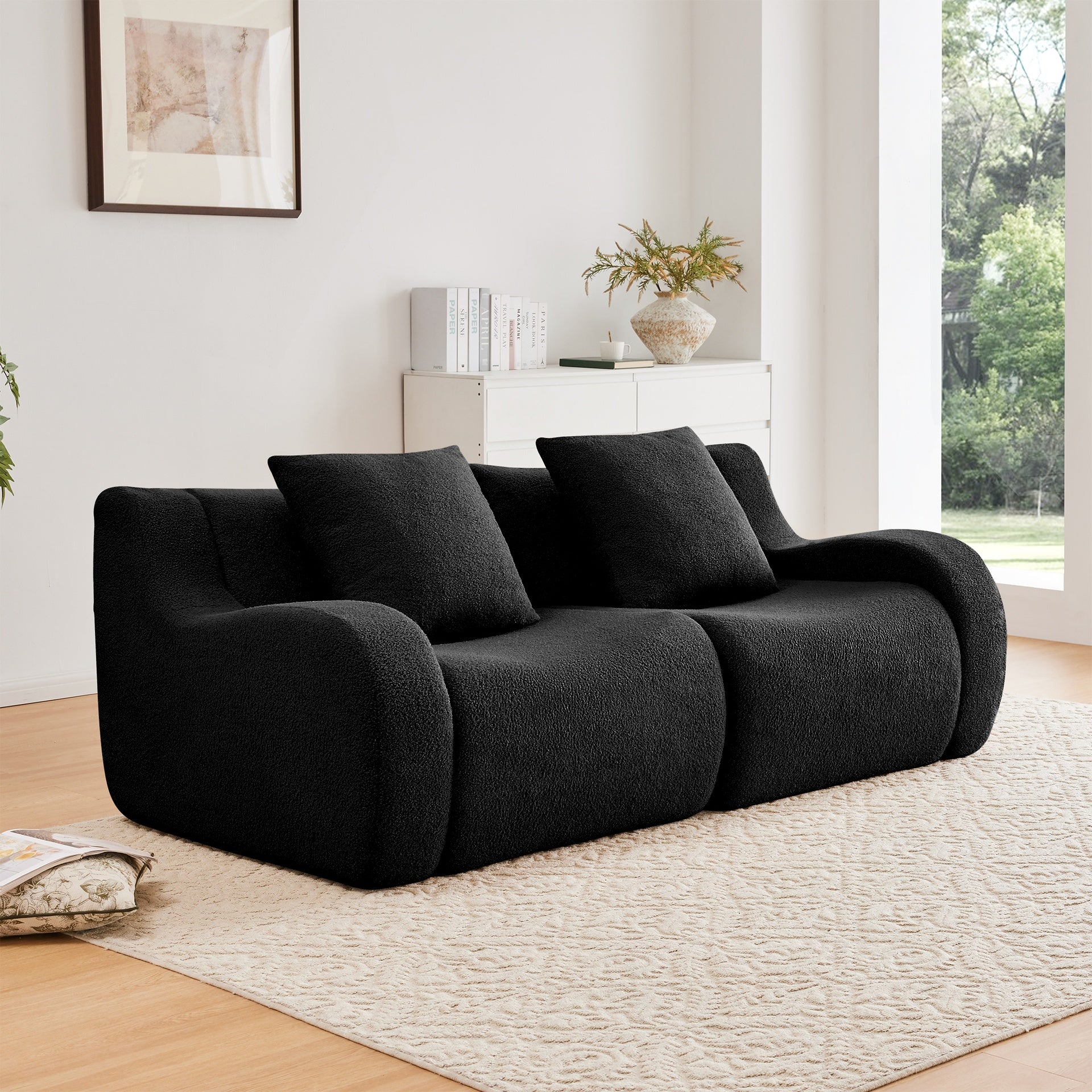Soft Teddy Fabric Boneless Sofa,No Assembly Required Streamlined Design,Anti-Slip Design 32D High Density Sponge Fits Living Rooms Bedrooms,Black