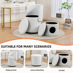 Stylish Upholstered Barrel Chair: 360° Swivel Vanity Stool for Bedroom & Dining Chair, Built-in Storage, Soft Padded Accent Seat, Multi-Functional for Dressing/Dining, Free Cat Bed Stool Included,