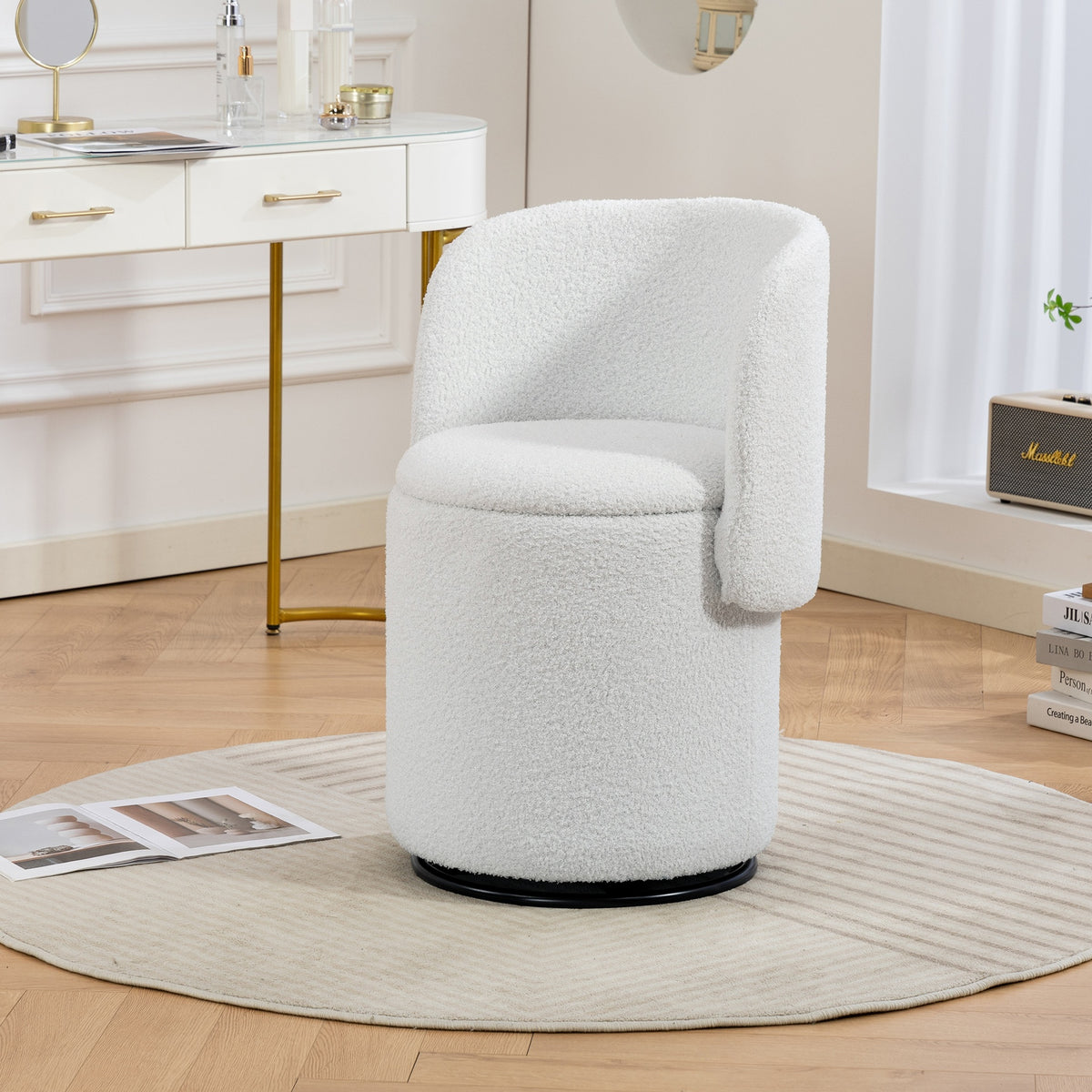 Stylish Upholstered Barrel Chair: 360° Swivel Vanity Stool for Bedroom & Dining Chair, Built-in Storage, Soft Padded Accent Seat, Multi-Functional for Dressing/Dining, Free Cat Bed Stool Included,