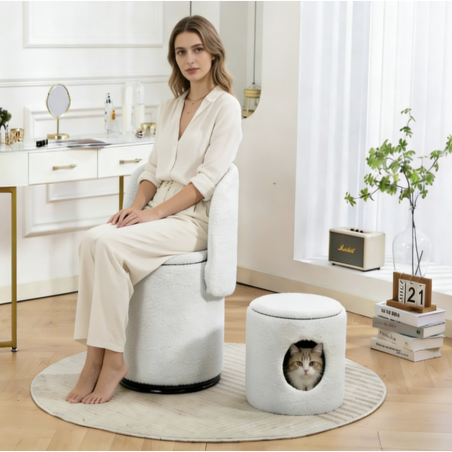 Stylish Upholstered Barrel Chair: 360° Swivel Vanity Stool for Bedroom & Dining Chair, Built-in Storage, Soft Padded Accent Seat, Multi-Functional for Dressing/Dining, Free Cat Bed Stool Included,