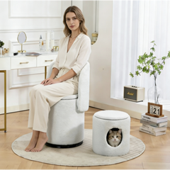 Stylish Upholstered Barrel Chair: 360° Swivel Vanity Stool for Bedroom & Dining Chair, Built-in Storage, Soft Padded Accent Seat, Multi-Functional for Dressing/Dining, Free Cat Bed Stool Included,