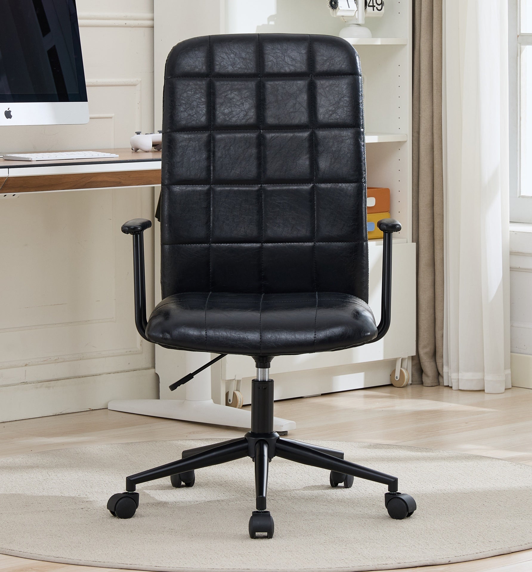Antique black PU leather color office chair, with armrest, high backrest, soft foam seating, 360 degree swivel , up and down adjustable gaslift,black powder coated frame,five star base, black wheels