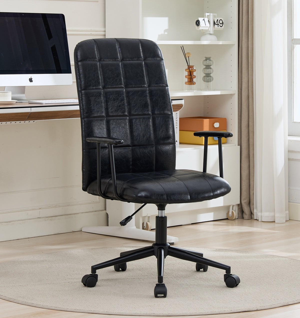 Antique black PU leather color office chair, with armrest, high backrest, soft foam seating, 360 degree swivel , up and down adjustable gaslift,black powder coated frame,five star base, black wheels