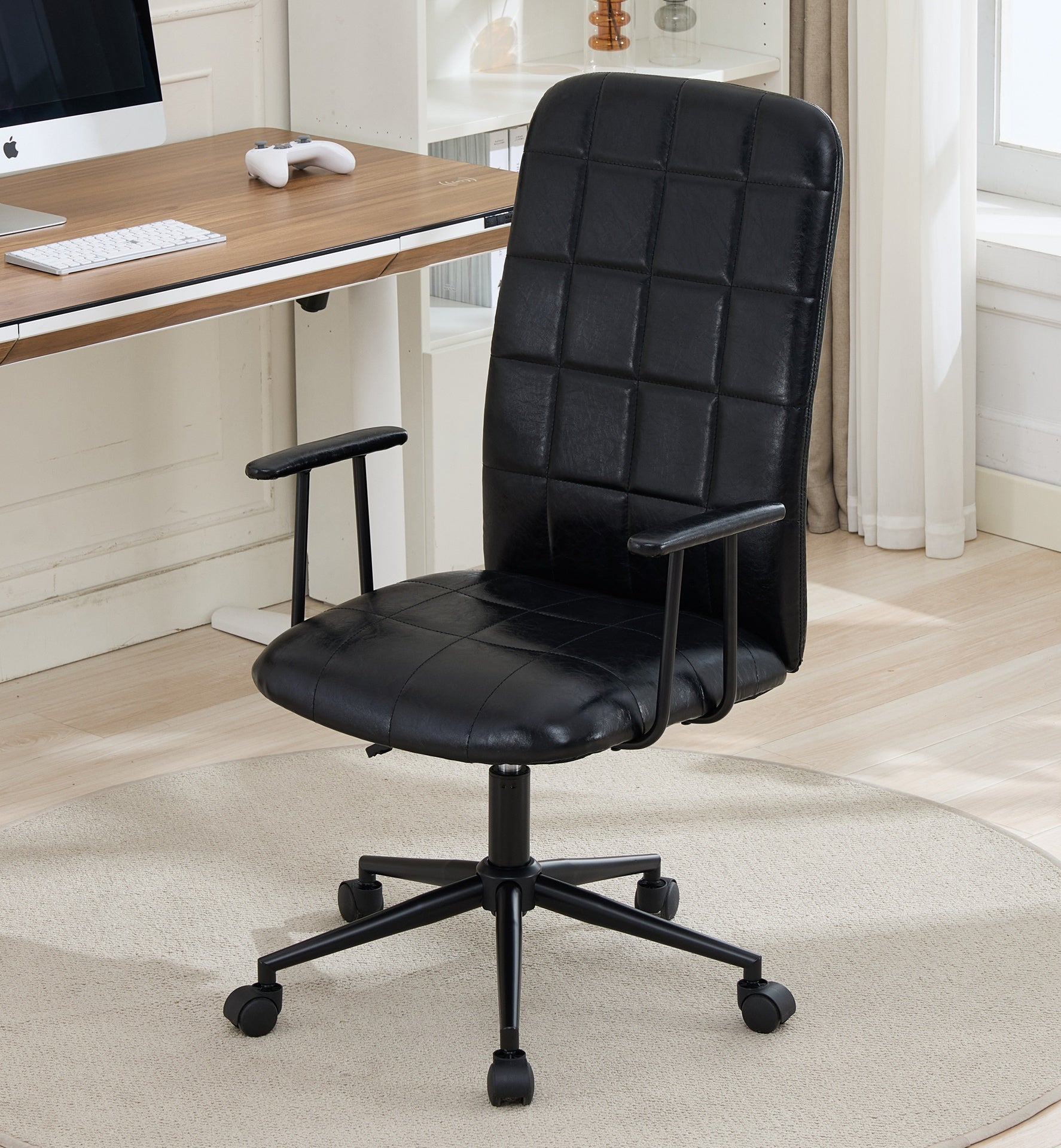 Antique black PU leather color office chair, with armrest, high backrest, soft foam seating, 360 degree swivel , up and down adjustable gaslift,black powder coated frame,five star base, black wheels