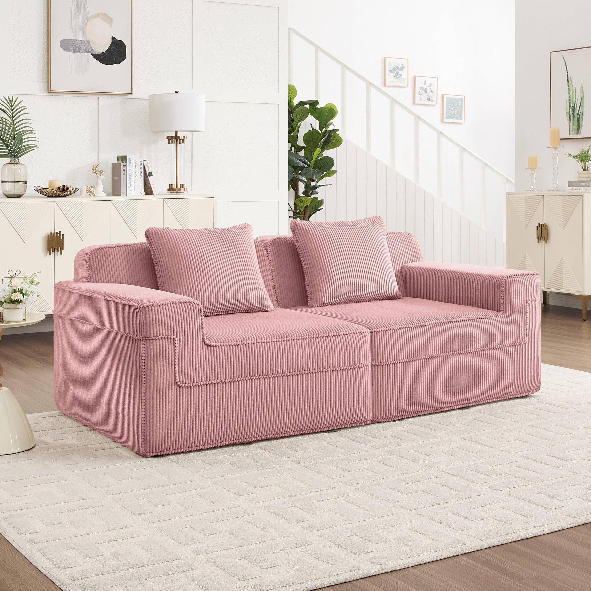 Modular 2 Seat Loveseat Boneless Sofa, Cloud Sectional Couch with Deep Seat, Modern Modular 2-Seat Sofa Couch with Throw Pillows Corduroy Fabric Pink