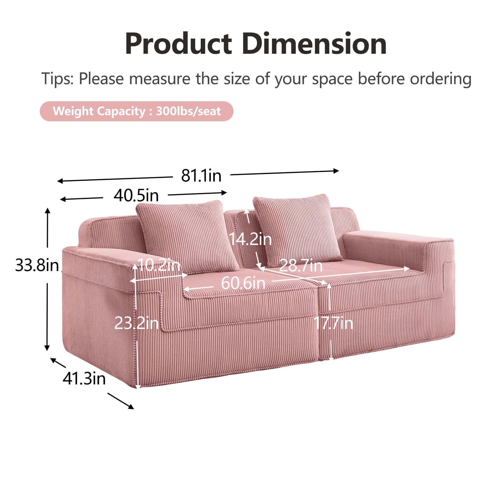 Modular 2 Seat Loveseat Boneless Sofa, Cloud Sectional Couch with Deep Seat, Modern Modular 2-Seat Sofa Couch with Throw Pillows Corduroy Fabric Pink