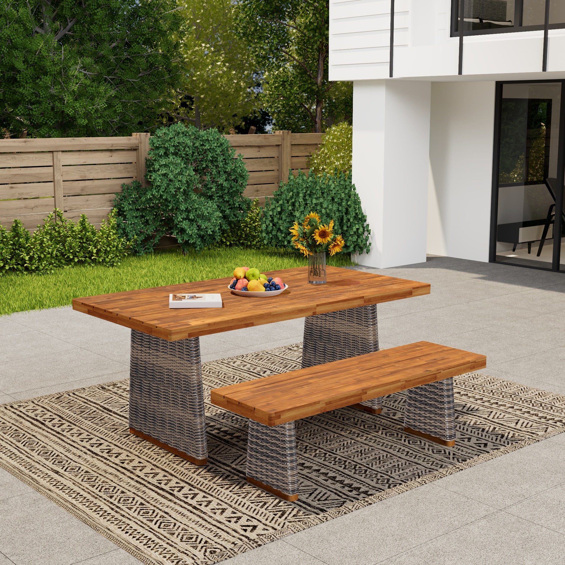 Outdoor Acacia Wood Dining Table Set with 1 Table and 1 Bench,Grey