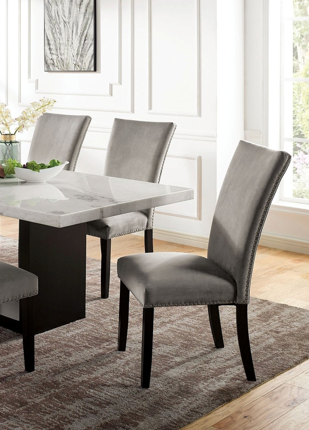 Gorgeous Marble Top Table w 6x Side Chairs Light Gray Flannelette Upholstered Chair Dining Room 7pc Set Wooden Furniture