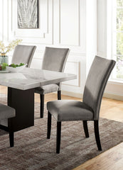 Gorgeous Marble Top Table w 6x Side Chairs Light Gray Flannelette Upholstered Chair Dining Room 7pc Set Wooden Furniture