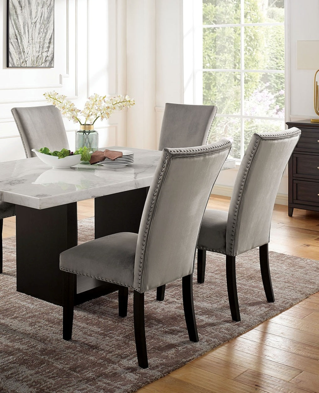 Gorgeous Marble Top Table w 6x Side Chairs Light Gray Flannelette Upholstered Chair Dining Room 7pc Set Wooden Furniture