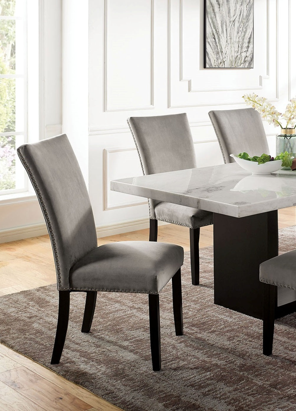 Gorgeous Marble Top Table w 6x Side Chairs Light Gray Flannelette Upholstered Chair Dining Room 7pc Set Wooden Furniture