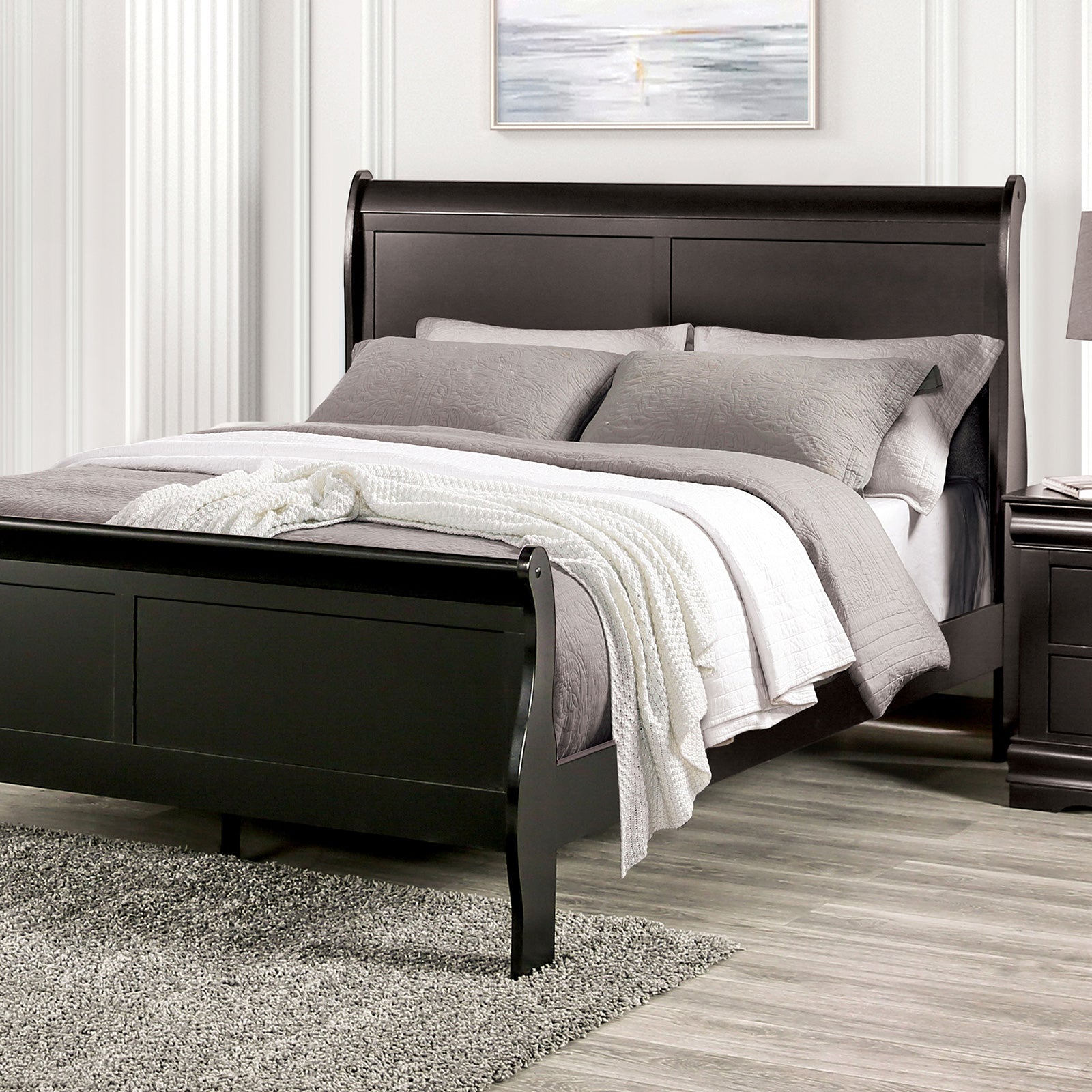 Black Sleigh Design Full Size Bed Bedroom Furniture 1pc Louis Phillipe Bed Bracket Feet Wooden