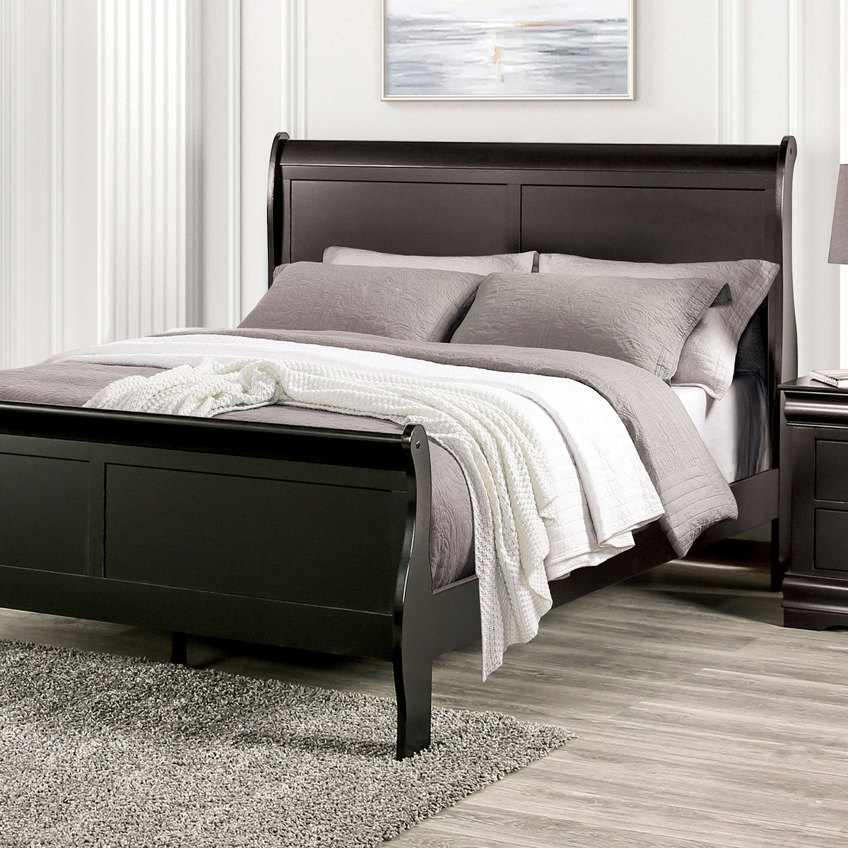 Black Sleigh Design Full Size Bed Bedroom Furniture 1pc Louis Phillipe Bed Bracket Feet Wooden