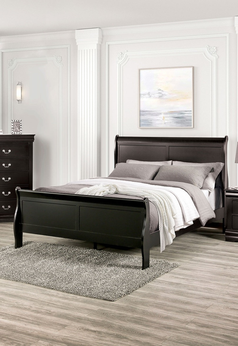 Black Sleigh Design Full Size Bed Bedroom Furniture 1pc Louis Phillipe Bed Bracket Feet Wooden