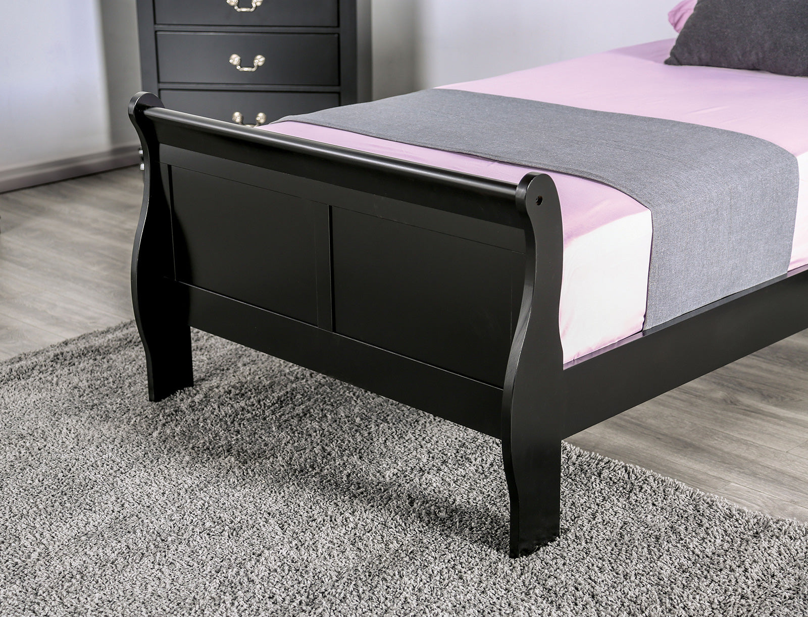 Black Sleigh Design Full Size Bed Bedroom Furniture 1pc Louis Phillipe Bed Bracket Feet Wooden