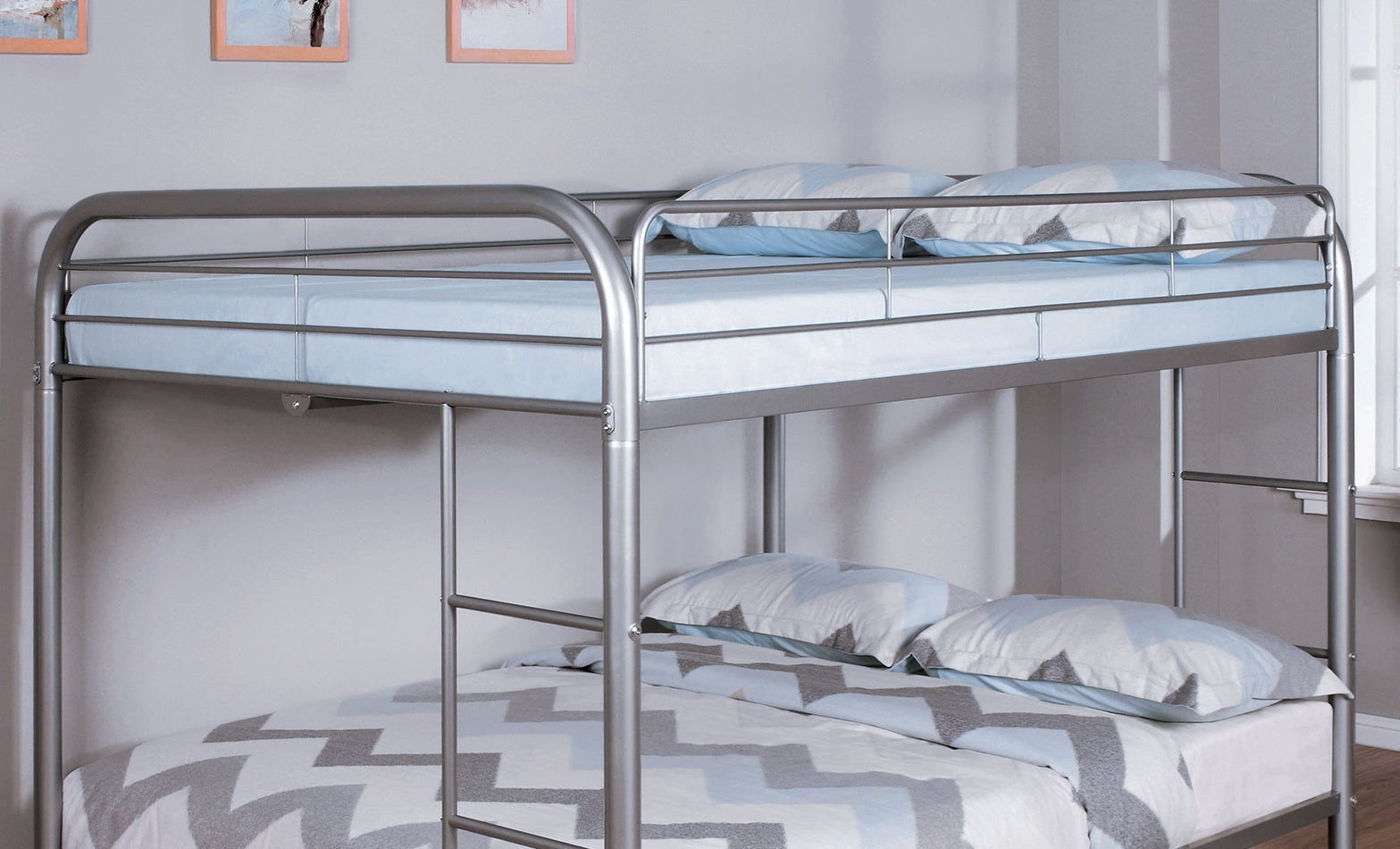 Full Over Full Metal Bunk Bed Contemporary Style With Angled Ladder, Silver
