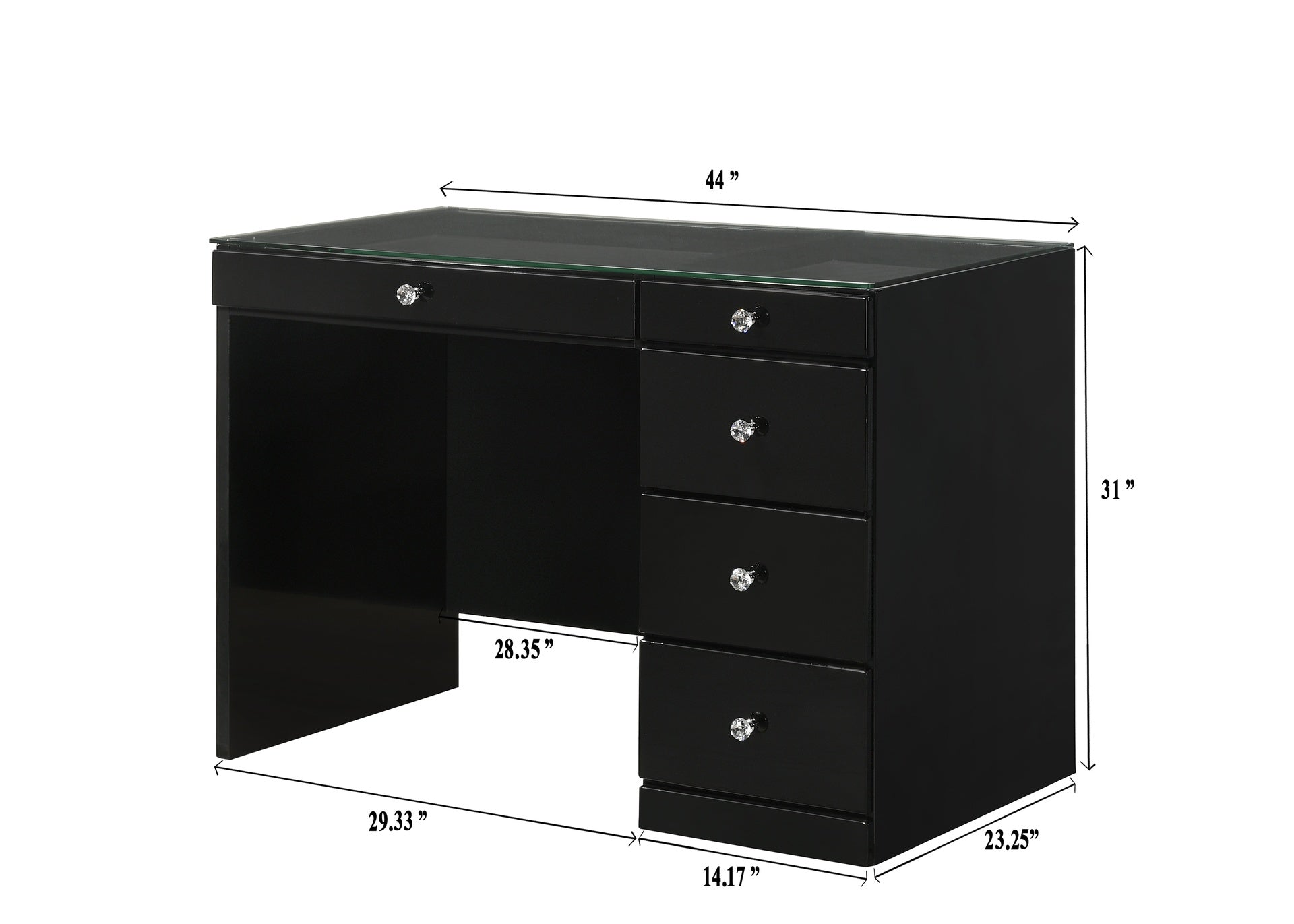 1pc Glam Makeup Vanity Table Glass Top 5 Drawers Crystal Knobs Black Wooden Bedroom Furniture