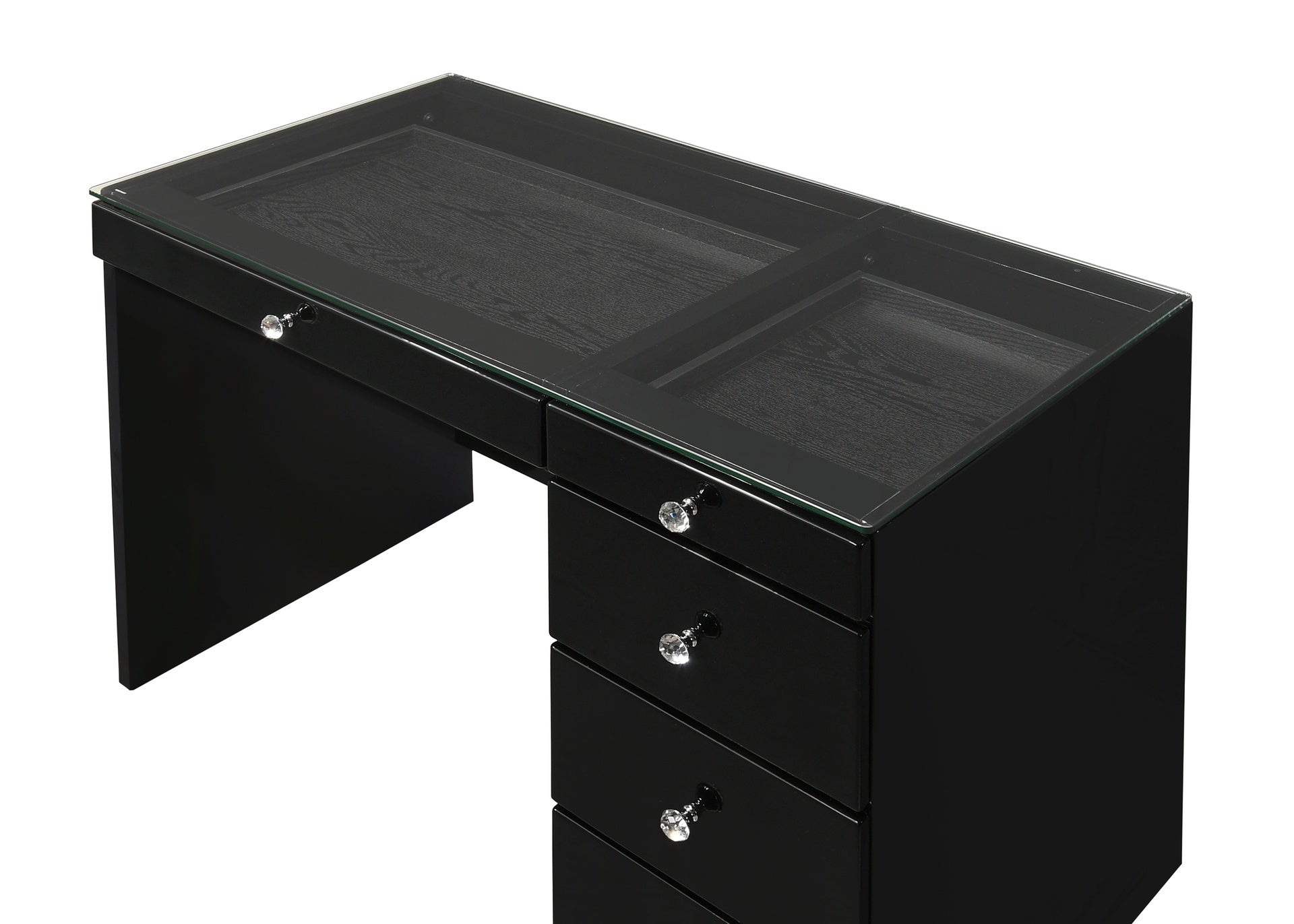 1pc Glam Makeup Vanity Table Glass Top 5 Drawers Crystal Knobs Black Wooden Bedroom Furniture