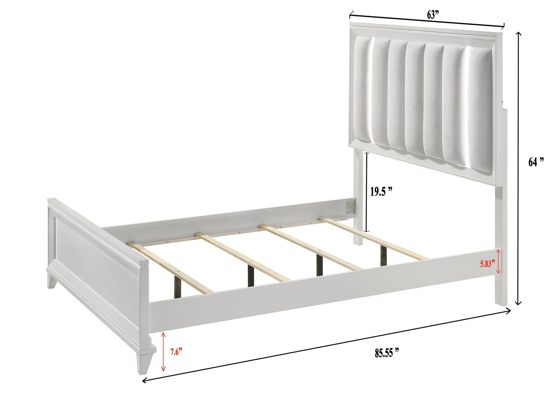 1pc Queen Size Panel Bed Upholstered Cushion LED Lights Headboard White Finish Wooden Solid Wood Furniture