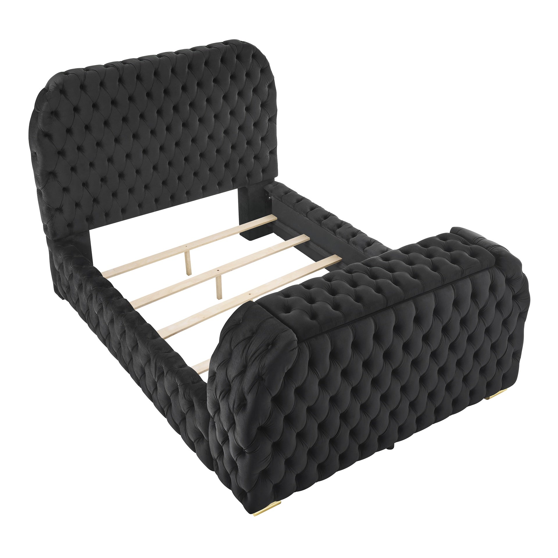 1pc Luxurious Comfort Innovative Design King Bed Deeply Tufted Headboard Upholstered Black Velvet Television Lift Built-in Electric Fireplace Bedroom Furniture