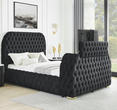 1pc Luxurious Comfort Innovative Design King Bed Deeply Tufted Headboard Upholstered Black Velvet Television Lift Built-in Electric Fireplace Bedroom Furniture
