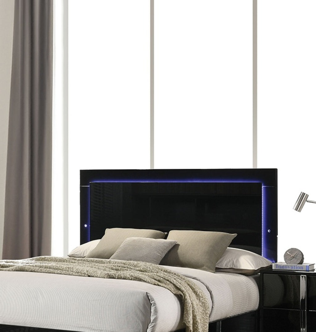 Contemporary Piano Black 1pc King Size Bed w LED Headboard UV Finish Bedframe Bedroom Furniture